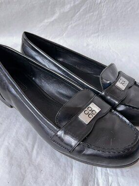 Coach loafers Hollee black leather moc toe slip on shoes 8.5 silver logo flat